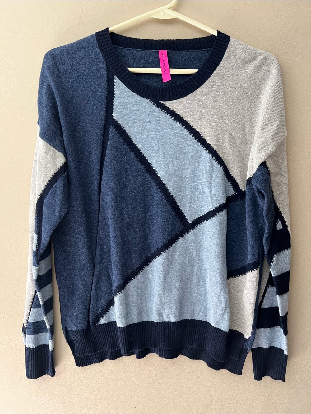 Zaket & Plover Mosaic Intarsia geometric sweater in “marine” color-way. Size S
